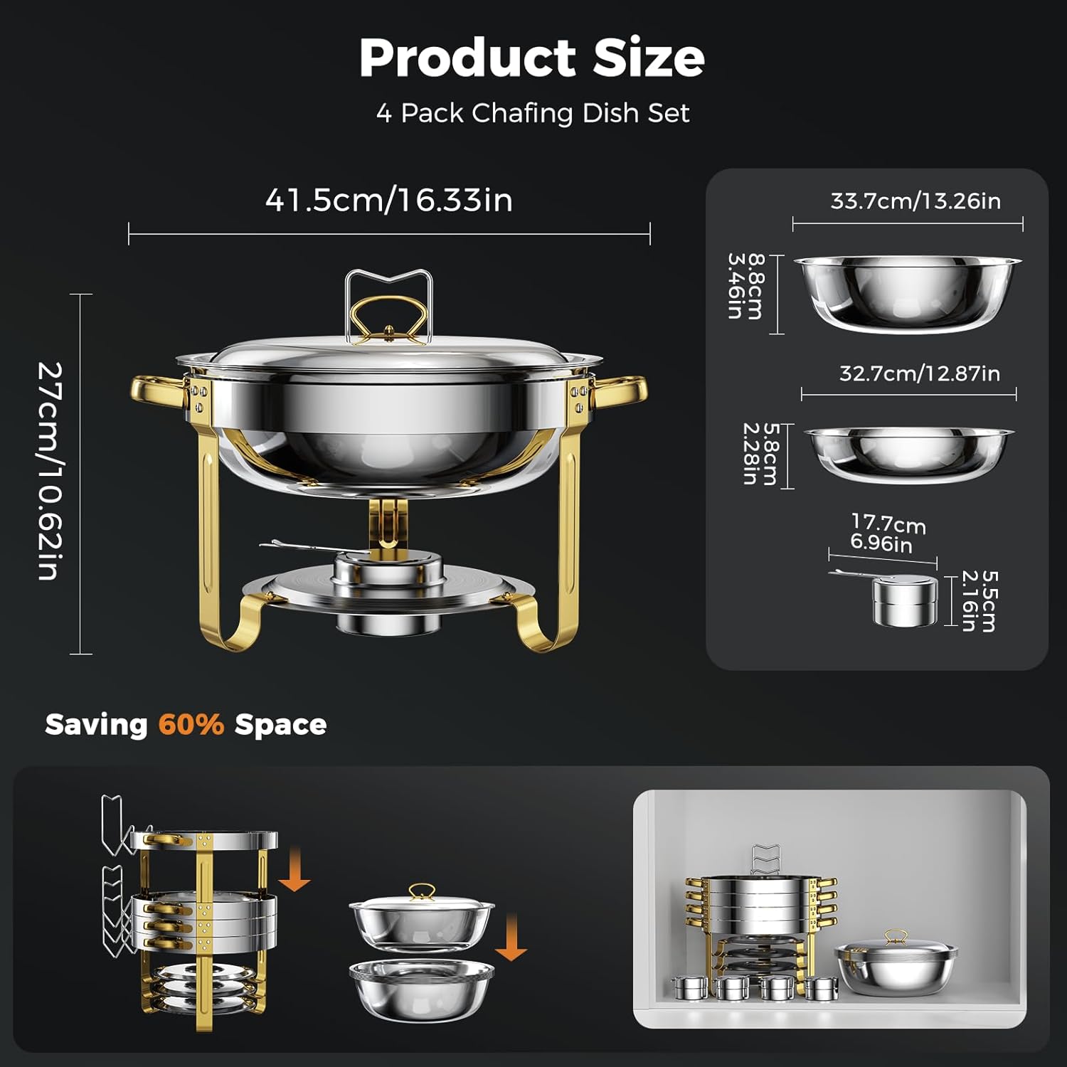 Chafing Dishes for Buffet 4 Pack, 5QT Food Warmers for Parties Buffet, Stainless Steel Round Chafers and Buffet Warmers Sets for Home, Gatherings, Birthday, Parties, Church Events, Catering Events
