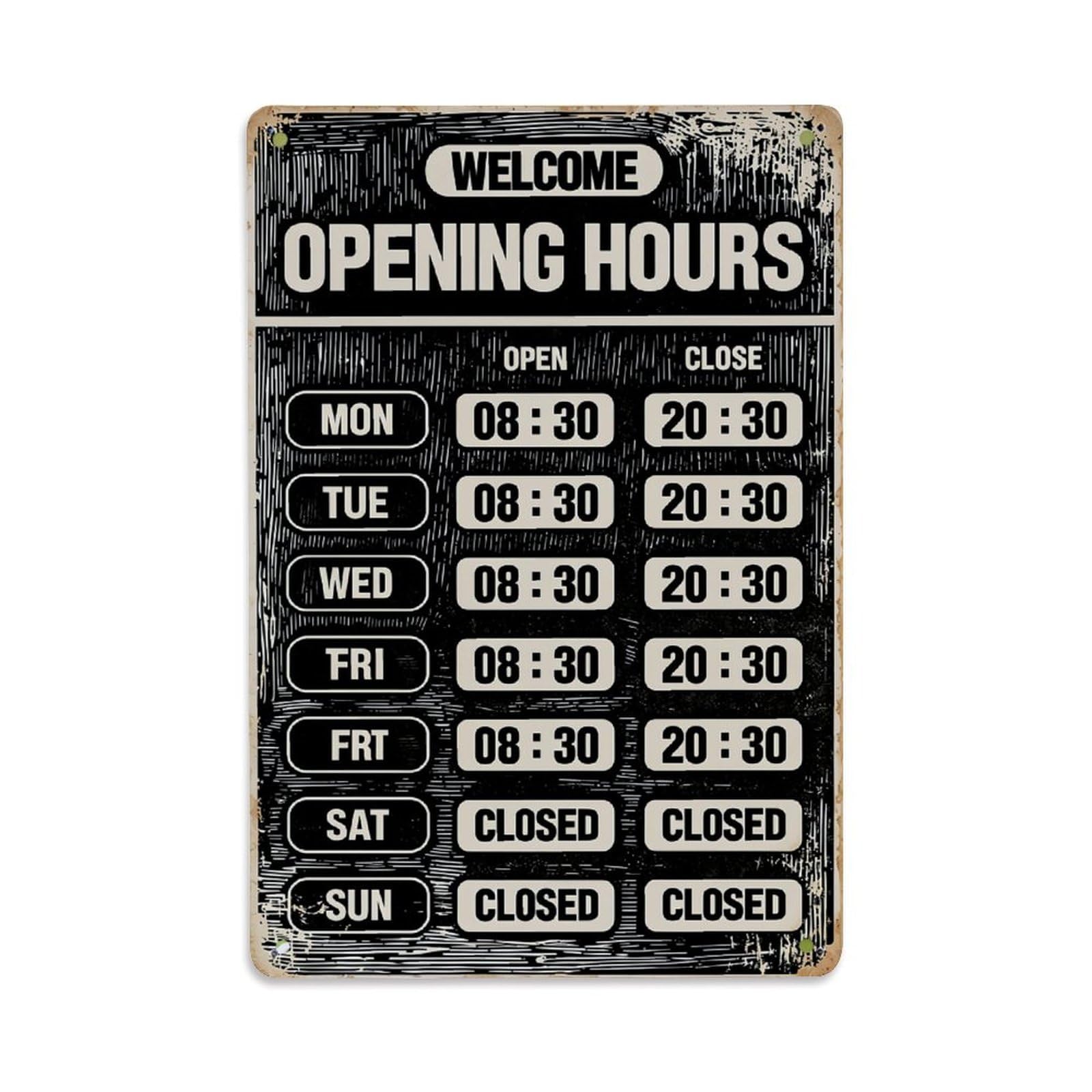 Jdfenggu Vintage Welcome Opening Hours Schedule Print Retro Metal Tin Sign, Metal Poster For Bar, Home, Man Cave, Kitchen, Laundry Room Art Decor 8X12 Inch