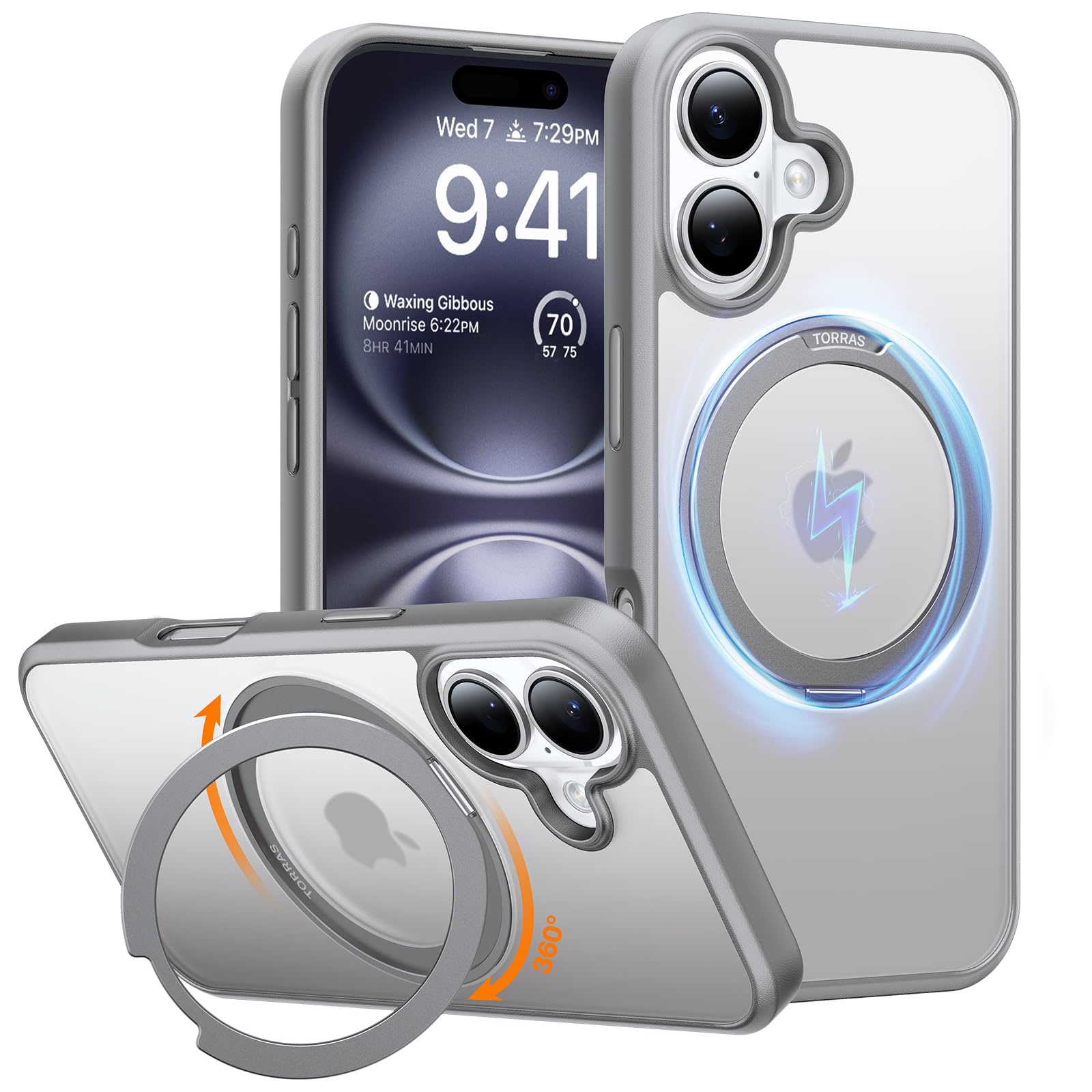 TORRAS 360 Magnetic Stand for iPhone 16 Case Compatible with MagSafe Rotatable Flexible Kickstand 16ft Mil-Grade Shockproof Protection