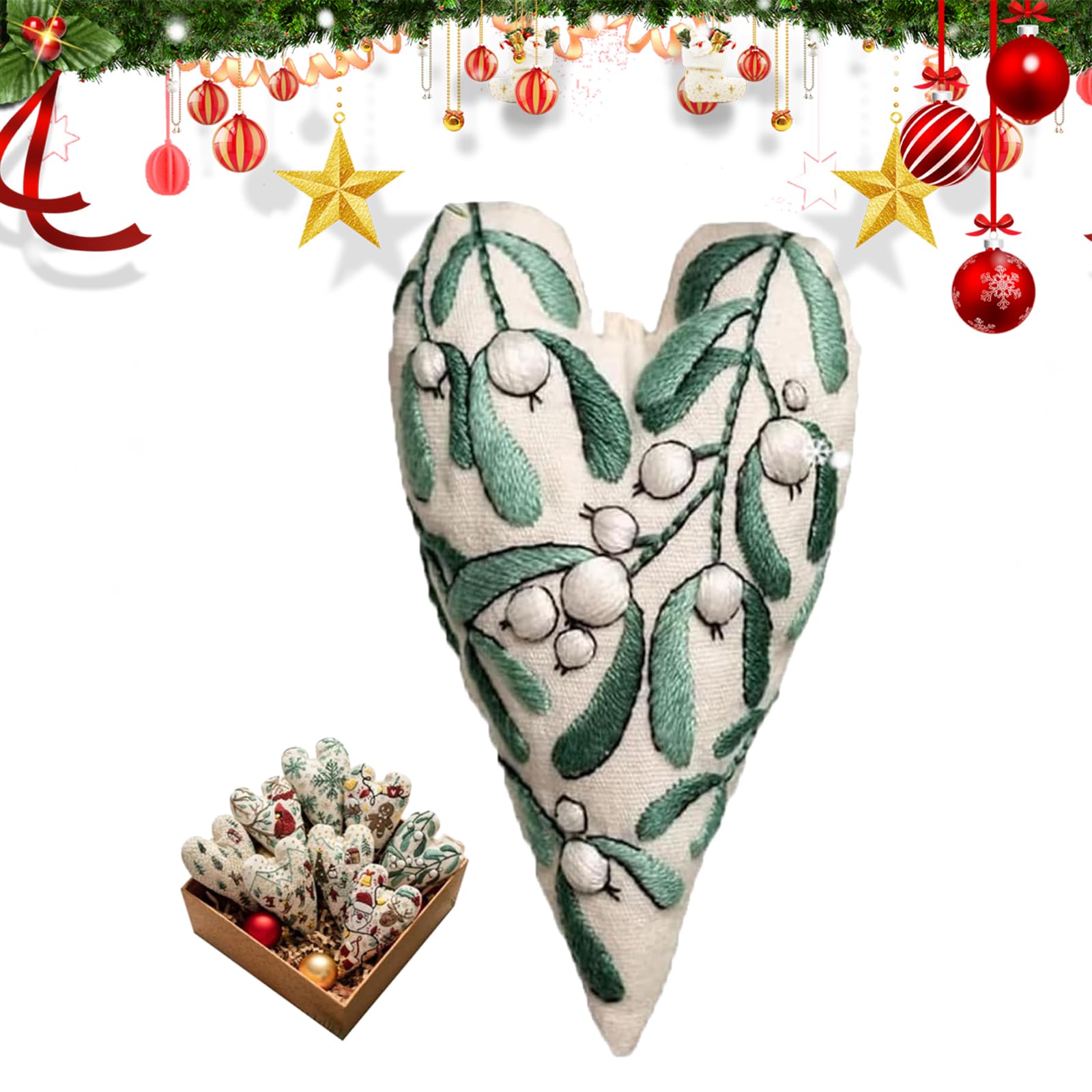 DIY Embroidery Christmas Ornament Kits - Heart Embroidery Christmas Decoration, Hand Embroidery Christmas Tree Hanging Ornaments, Christmas Ornament Kits -Mistletoe kiss