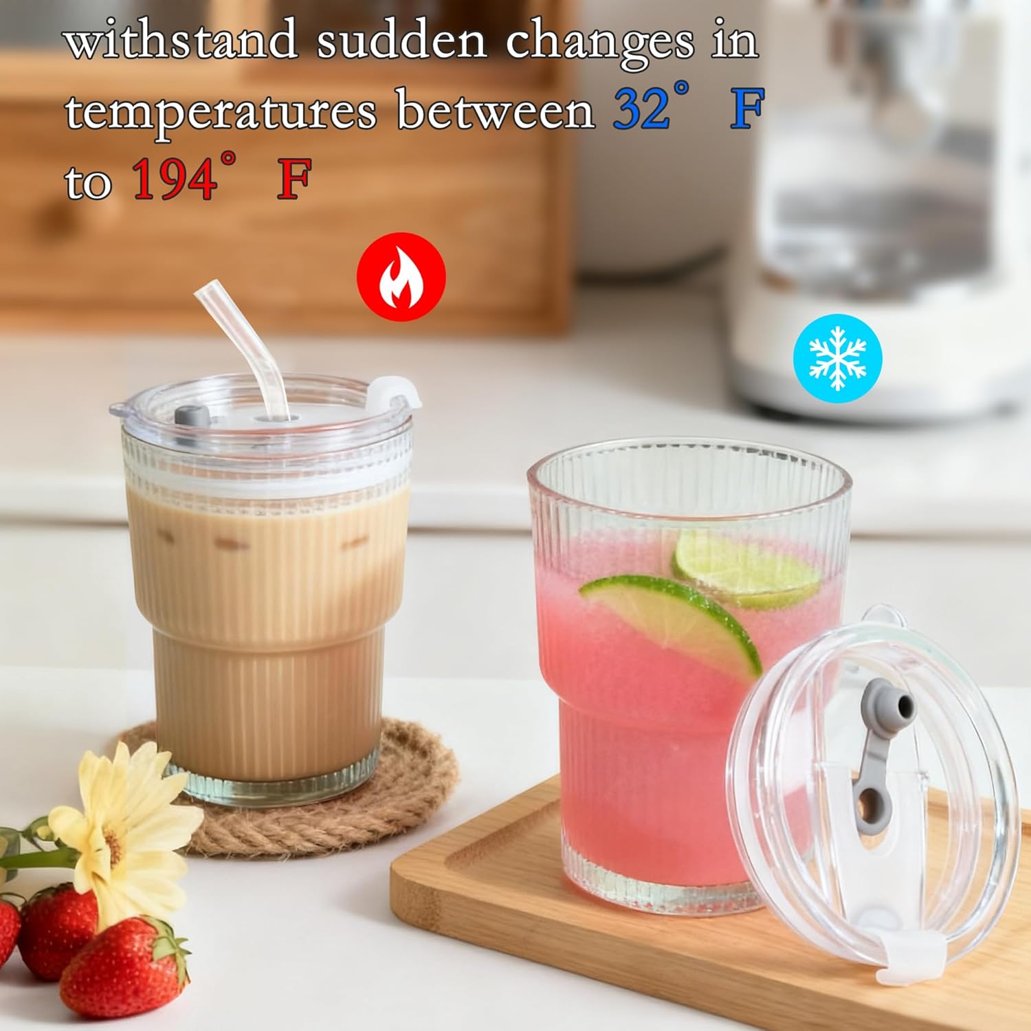 13 oz Glass Cups with Lids and Straws Ribbed Drinking Glasses Cup Leak Proof Iced Coffee Glass Tumbler Set of 2 for Soda Smoothie Juice(Clear*2) - Image 3