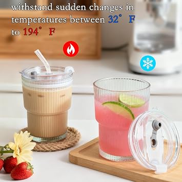Ribbed Glass Cups with Lids and Straws 13 oz Glasses Set of 2