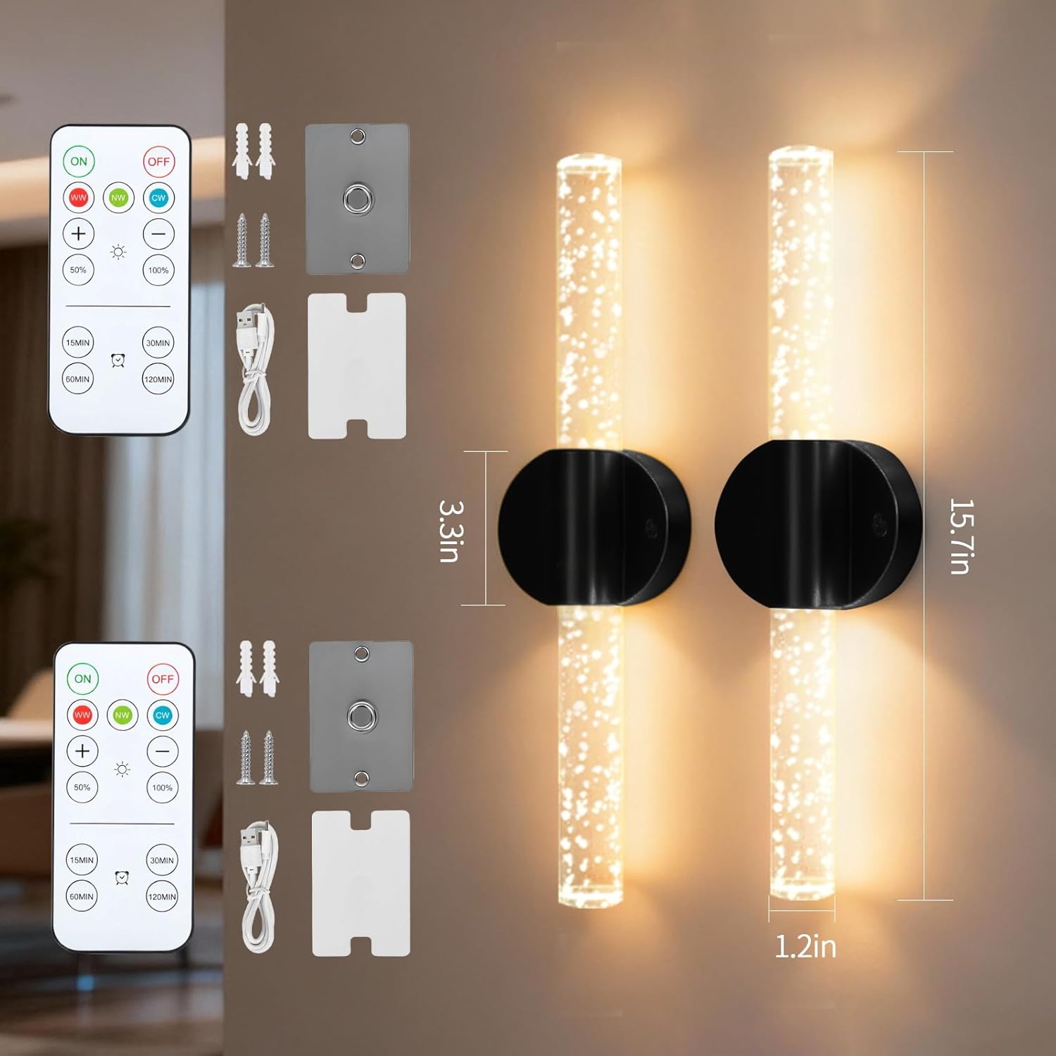 Battery Operated Wall Sconce Set of 2, Black Rechargeable Wall Light with Remote Control, 3000K-6500K Dimmable Wireless Wall Lamp for Bedroom Living Room Bathroom Hallway