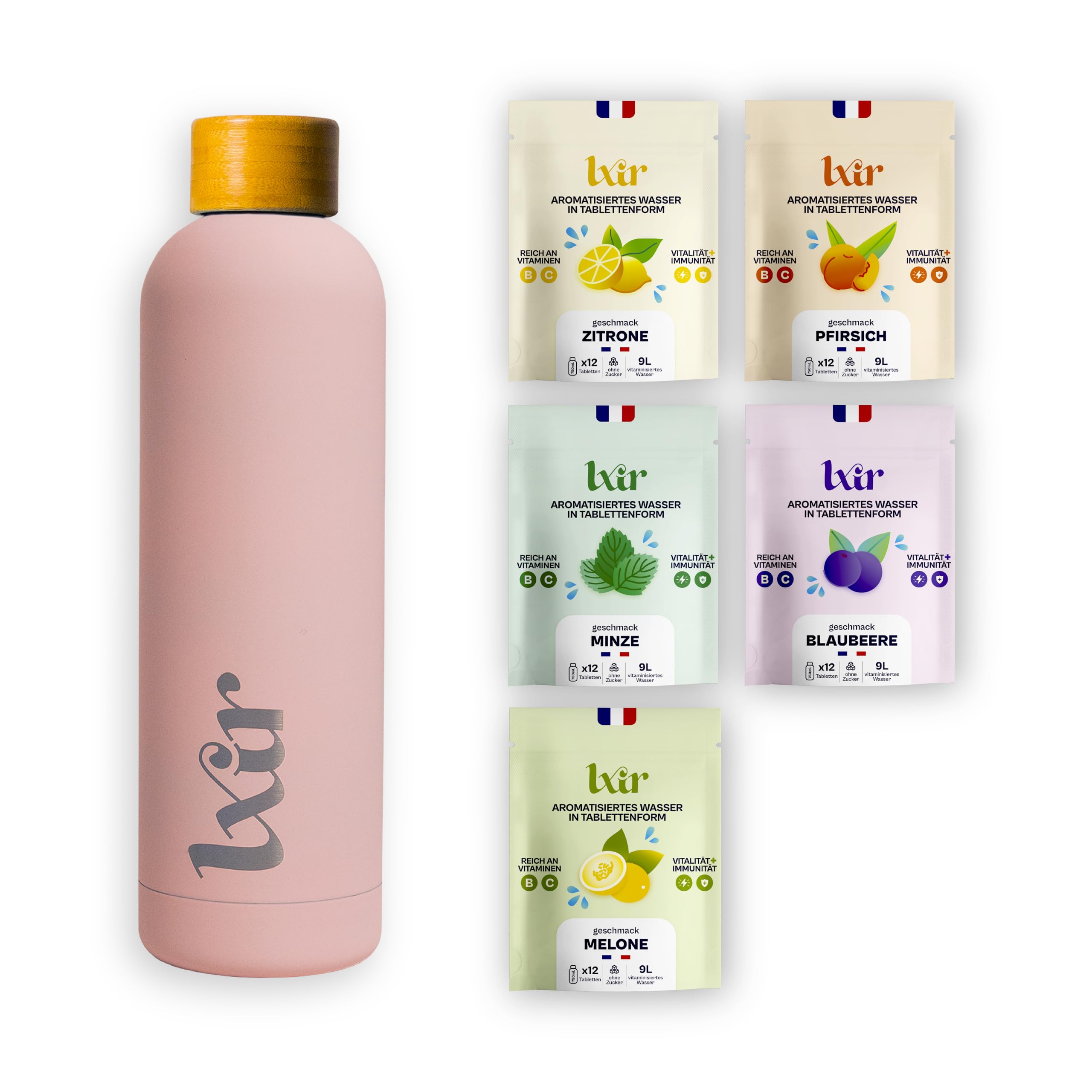 LXIR DRINK Multivitamin-Brausetabletten – Zuckerfrei, 5 Geschmacksrichtungen, mit Vitamin C & B-Komplex – Für tägliche Hydration, Energie & Haut-Schönheit – 60 Tabletten + Trinkflasche