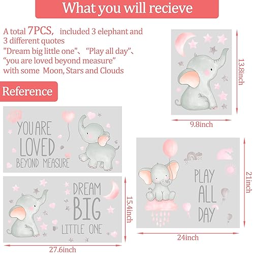 Miniatura 3 de Outus 7 calcomanías de pared Dream Big Little One Elefante para decoración de pared, habitación de bebé, luna, globo aerostático, rosa, gris,