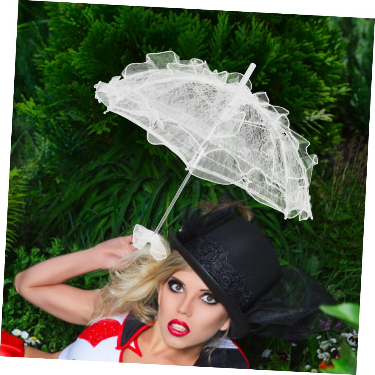 2pcs Black and White Lace Parasol Umbrella for Wedding Bridal Vintage Sun Shade, Decorative Embroidery Stick Umbrella for Women, and Tea Party Accessories