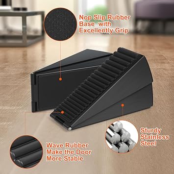 Black Adjustable Large Door Stoppers, Heavy Duty Door Stoppers for Bottom of Door, Door Stop with Strong Grip Stainless Steels for Heavy Duty and Usual Doors