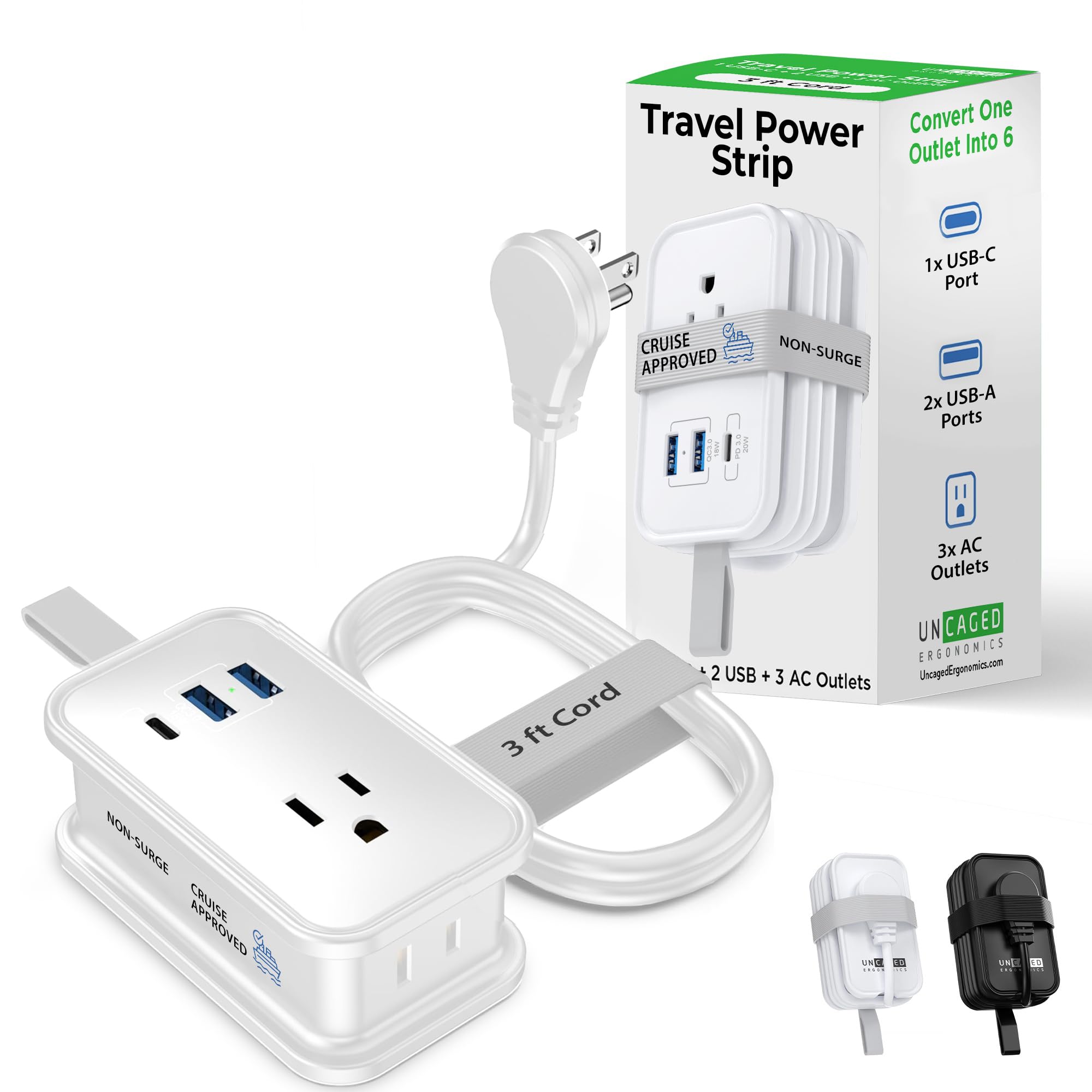 Travel Charger for Multiple Devices, Flat Plug Power Strip 3ft Adapter Extension Cord, 3 AC Outlets, 2 USB & 1 Fast Charging USB-C, No Surge Cruise Approved, Portable Power Strip