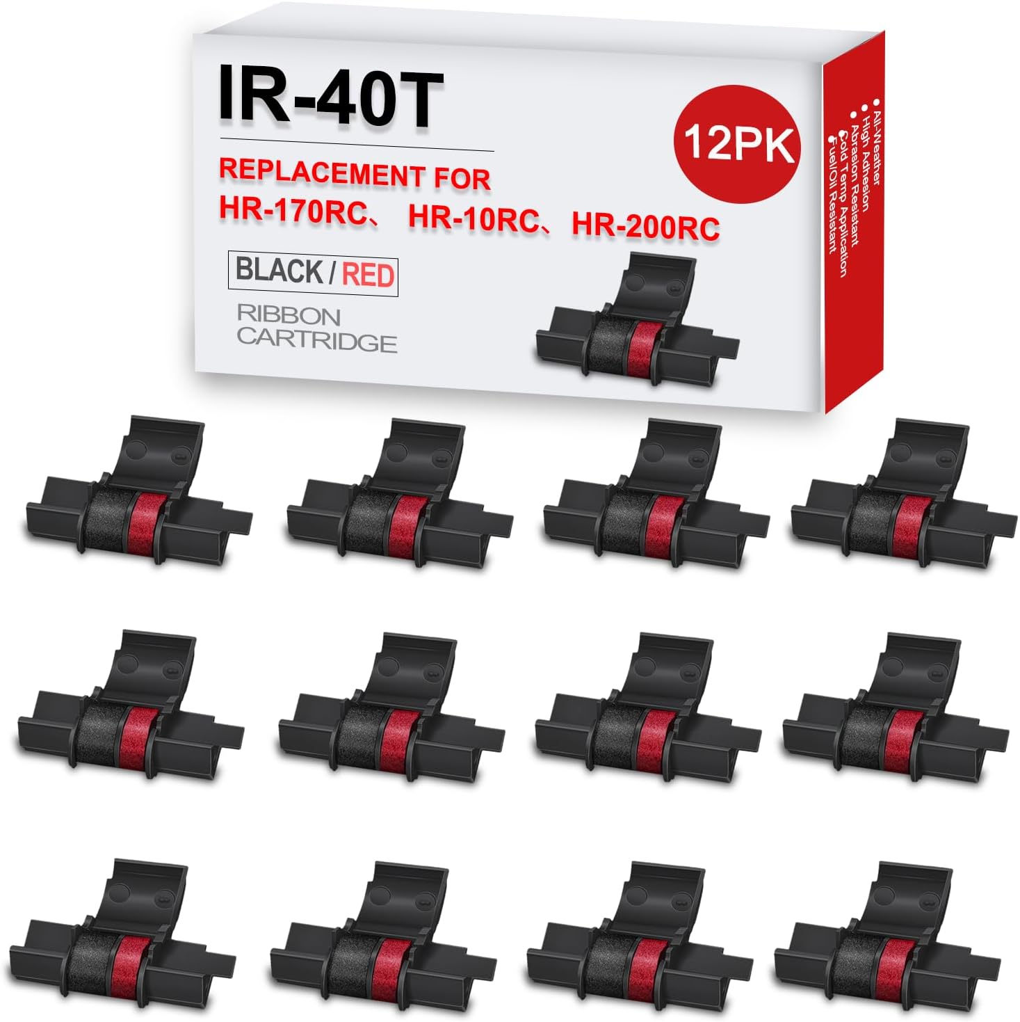 12 Pack IR40T Calculator Ink Ribbon Replacement for IR-40T Casio HR-100tm HR-170RC Canon P23-dhv ， Individually Sealed Calculator Ribbon Red/Black Use with Sharp EL-1750V EL-1801V
