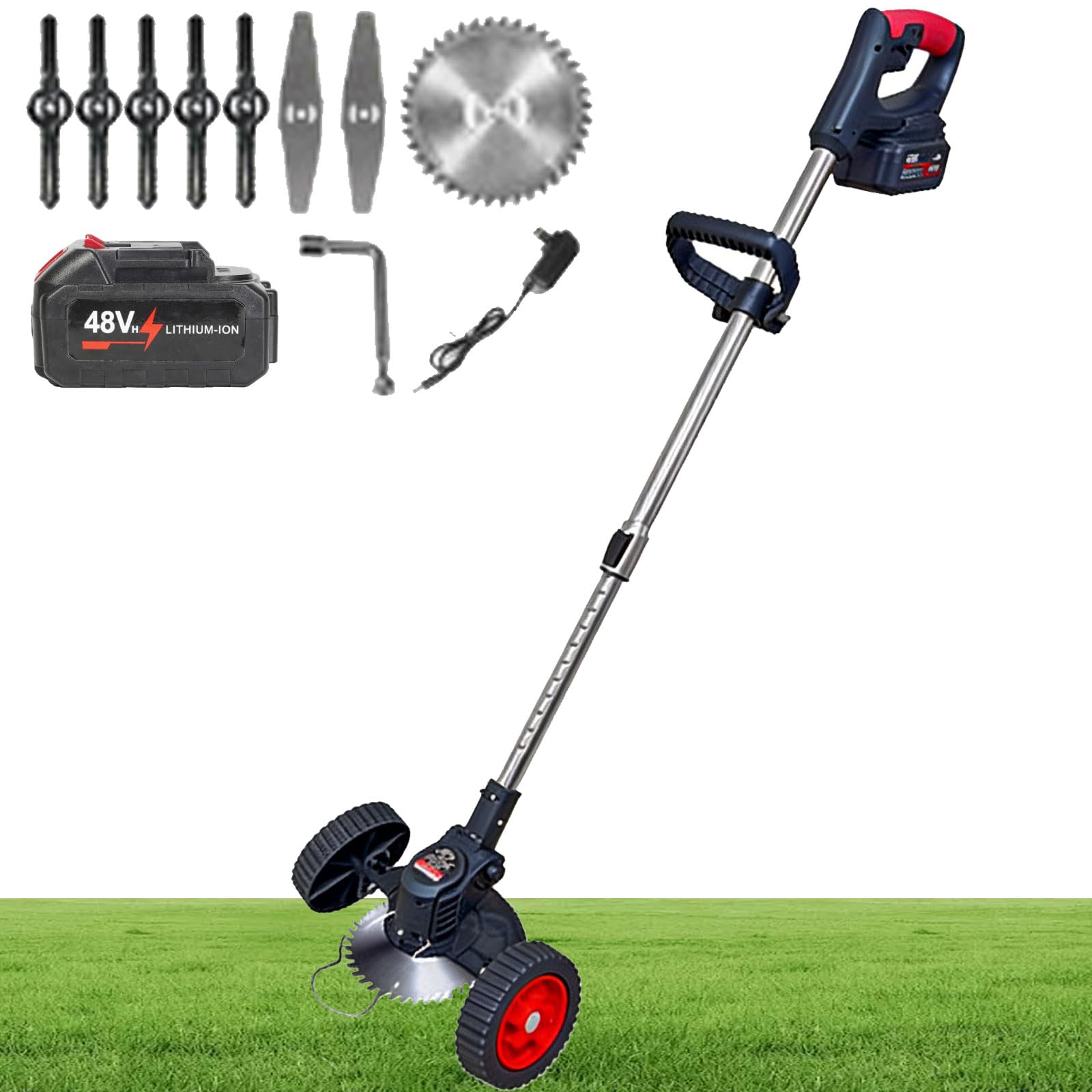 Débroussailleuse sans fil avec roues de coupe réglable pour jardin pelouses et patios extérieurs