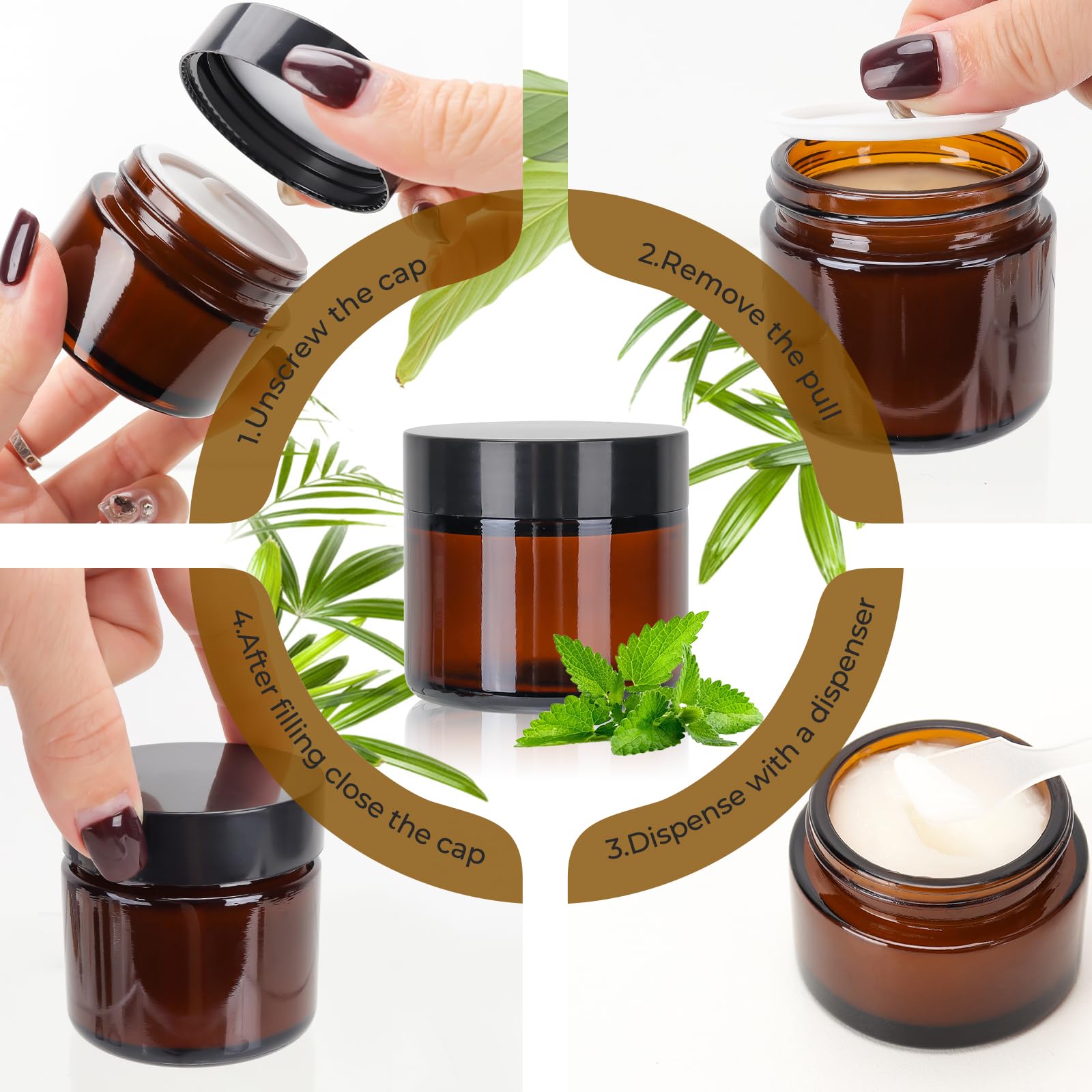 CulnCraz 15 Pack 60 ml Amber Round Glass Jars, 2 oz Empty Cosmetic Containers with Inner Liners - Image 3