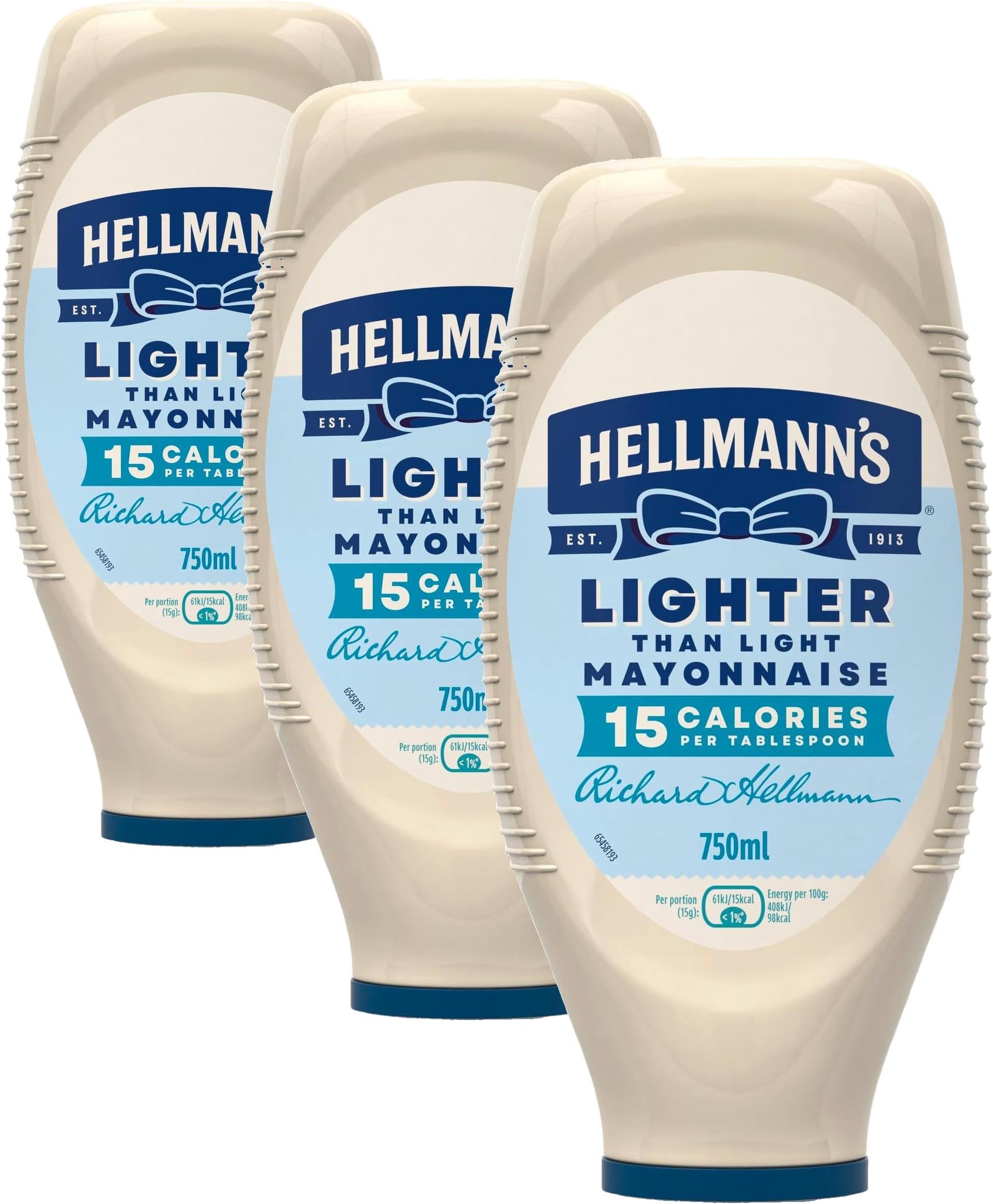 Hellmann's Lighter than Light Mayonnaise 100% recycled plastic bottle light mayo for sandwiches, wraps, and salads 750 ml (Pack of 3)