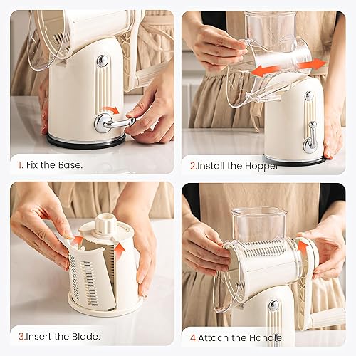 Miniatura 7 de Emojoy - Rallador giratorio de queso, manivela de mano, trituradora de queso 5 en 1, picadora de verduras con base de succión fuerte, ralladores de