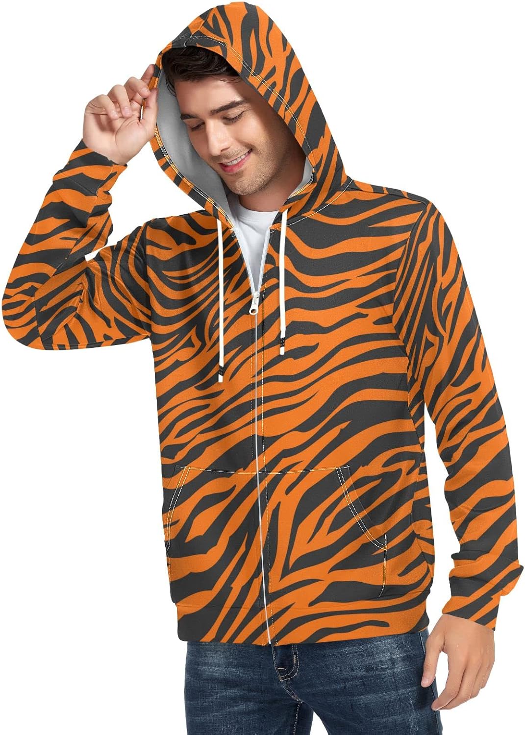 ALAZA Men's Tiger Fur Orange Stripes Animal Skin Safari Fleece Zip Hooded Sweatshirt