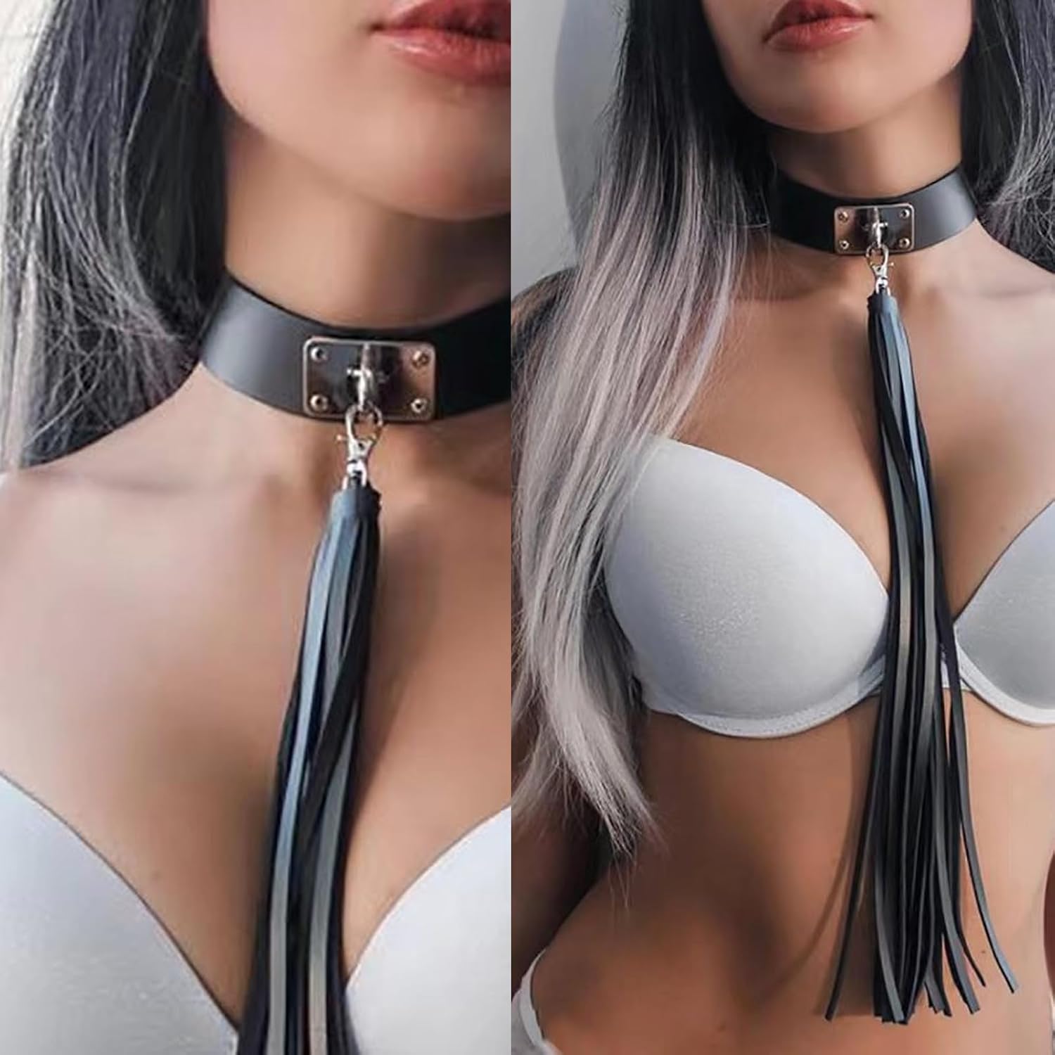 BDSM PU Leather Choker with Tassels Harness for Women Fashion SM Sex Bondage Clothes Harness Women Punk Leather Body Black