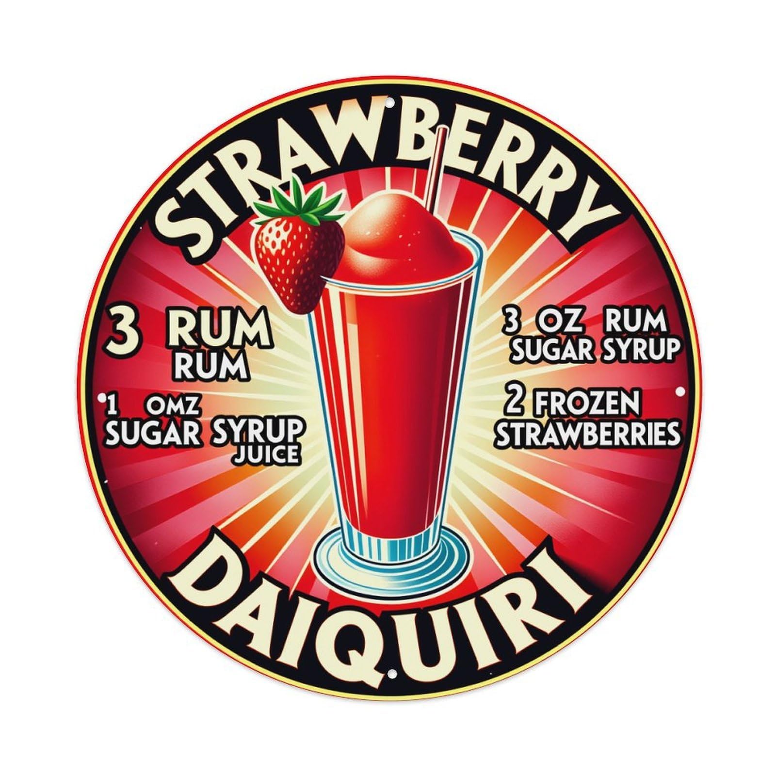 Strawberry Daiquiri Cocktail Recipe Label Round Tin Sign Vintage Metal Poster Retro Bar, Home, Man Cave, Kitchen, Laundry Room Wall Art Decor Gift 8x8In