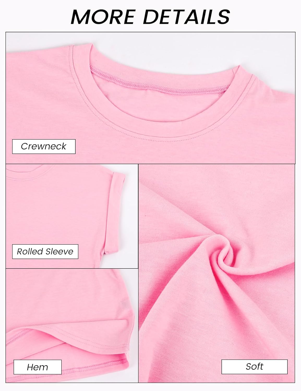 Wyeysyt 3 Pack Women Summer Cropped T-Shirts Short Sleeve Casual Round Neck Tops Rolled Dolman Sleeve Solid Short Basic Tees(BlackWhitePink-L), Large - Image 6