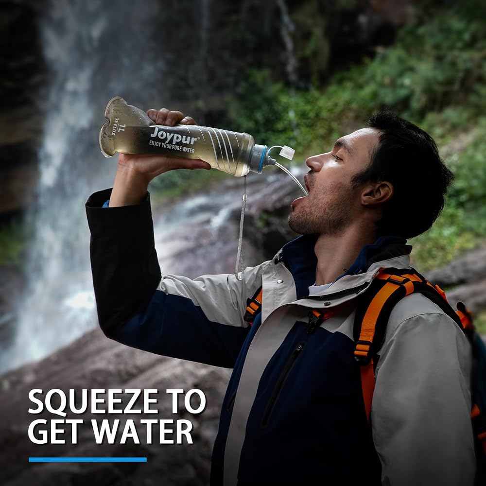 Water Filter Survival - Collapsible Water Bottle with Filter 0.01 Micron Squeeze Filtered Water Bottle 32oz for Hiking Backpacking Camping BPA-Free(Grey 1000ml)