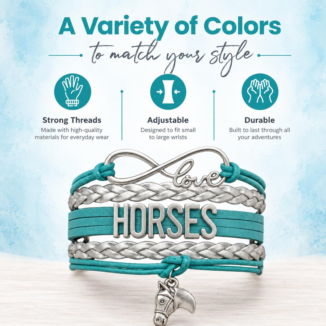 Infinity Collection Horse Bracelet – Teal and Silver Love Horses Charm Bracelet – Equestrian Jewelry Gift for Horse Lover and Riders – Cute Equestrian Accessories and Birthday Gifts