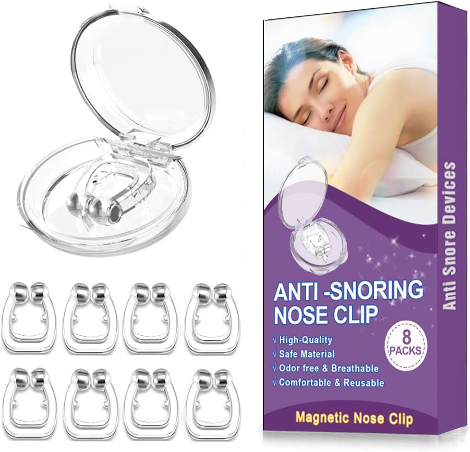 Anti Snoring Devices(8 Pack), Silicone Magnetic Stop Snoring Solution, Comfortable & Professional Anti Snoring Nose Clip for Men and Women