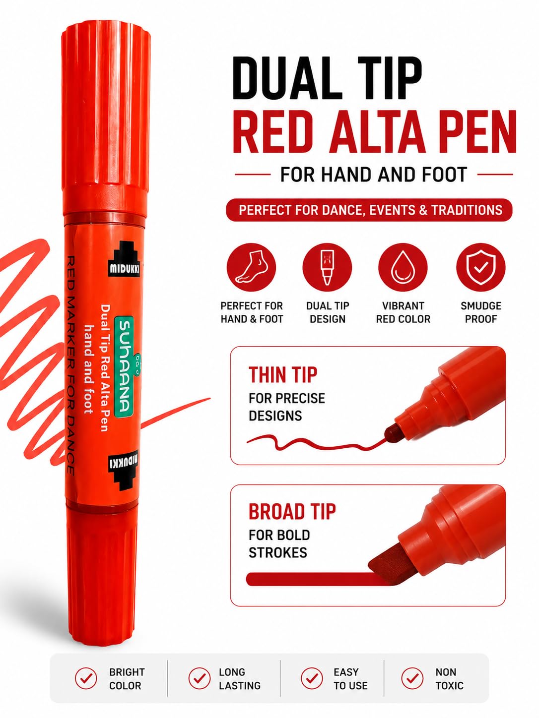 Premium Red Alta Pen for Hands and Feet - Waterproof Alta Marker Pen for Bharatanatyam, Kathak & Odissi Dance - Long-Lasting Alta Stick for Traditional Bridal Makeup & Festivals