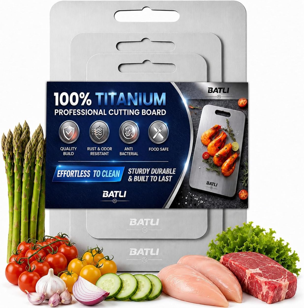BATLI Large Titanium Cutting Board for Kitchen, 100% Pure Titanium Cutting Board, Non-Toxic Double-Sided Metal Chopping Board, Dishwasher Safe Food Grade Cutting Board 3-Pack (S+M+L)