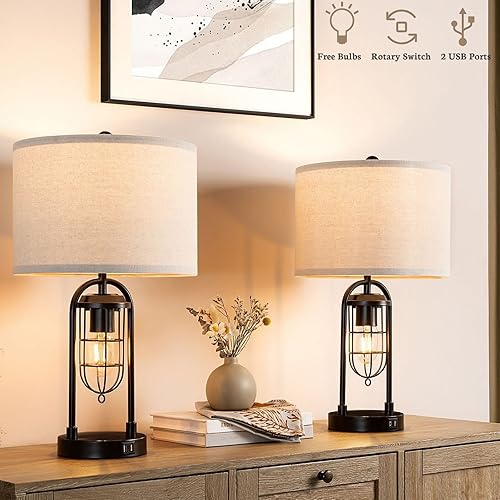 Kyrid Juego de 2 lámparas de mesa de 21 pulgadas con luz nocturna y puerto USB, juego de lámparas industriales modernas para mesita de noche