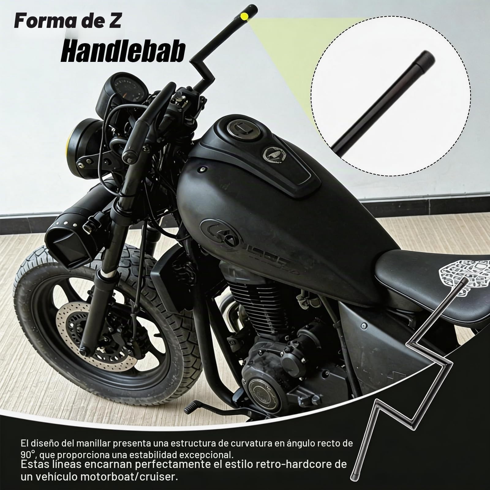 Manillar Moto, Z Bar 22 mm 7/8 Pulgadas Elevado 8" Acero Resistente Con Rebaje Central Guidon de Moto Para Harley Yamaha Suzuki Kawasaki MT07 MT09 Touring Street Bike ATV