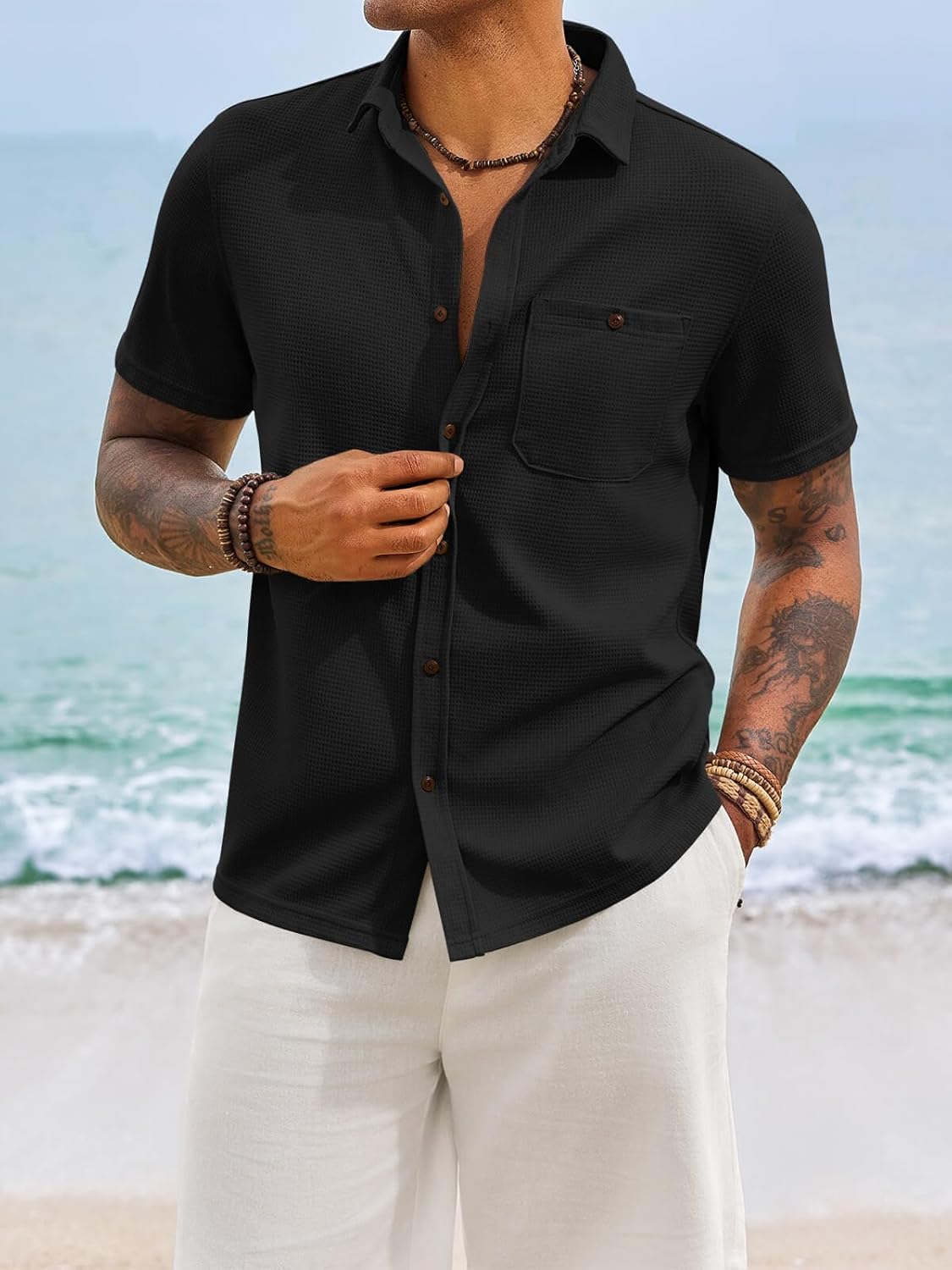 Yousify Mens Button Down Shirts Short Sleeve Waffle Knit Summer Casual Shirt Lightweight Beach Tops with Pocket - Image 3