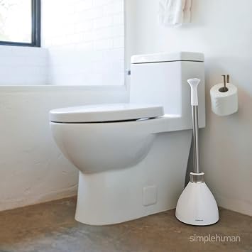 simplehuman Adjustable and Extendable Shower Caddy Plus, Stainless Steel and Anodized Aluminum & Toilet Plunger and Caddy, Stainless Steel, White