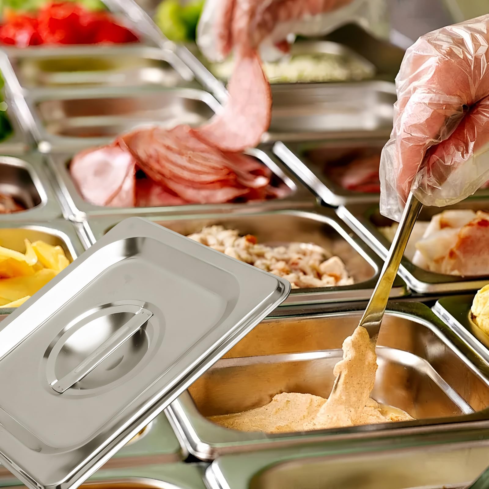 2 Pezzi Contenitori Acciaio Inox Gn 1/6, 17,5 x 16,2 x 6,5 Cm Contenitori Acciaio con Coperchio, Contenitore per Ristorante, Buffet, Festa