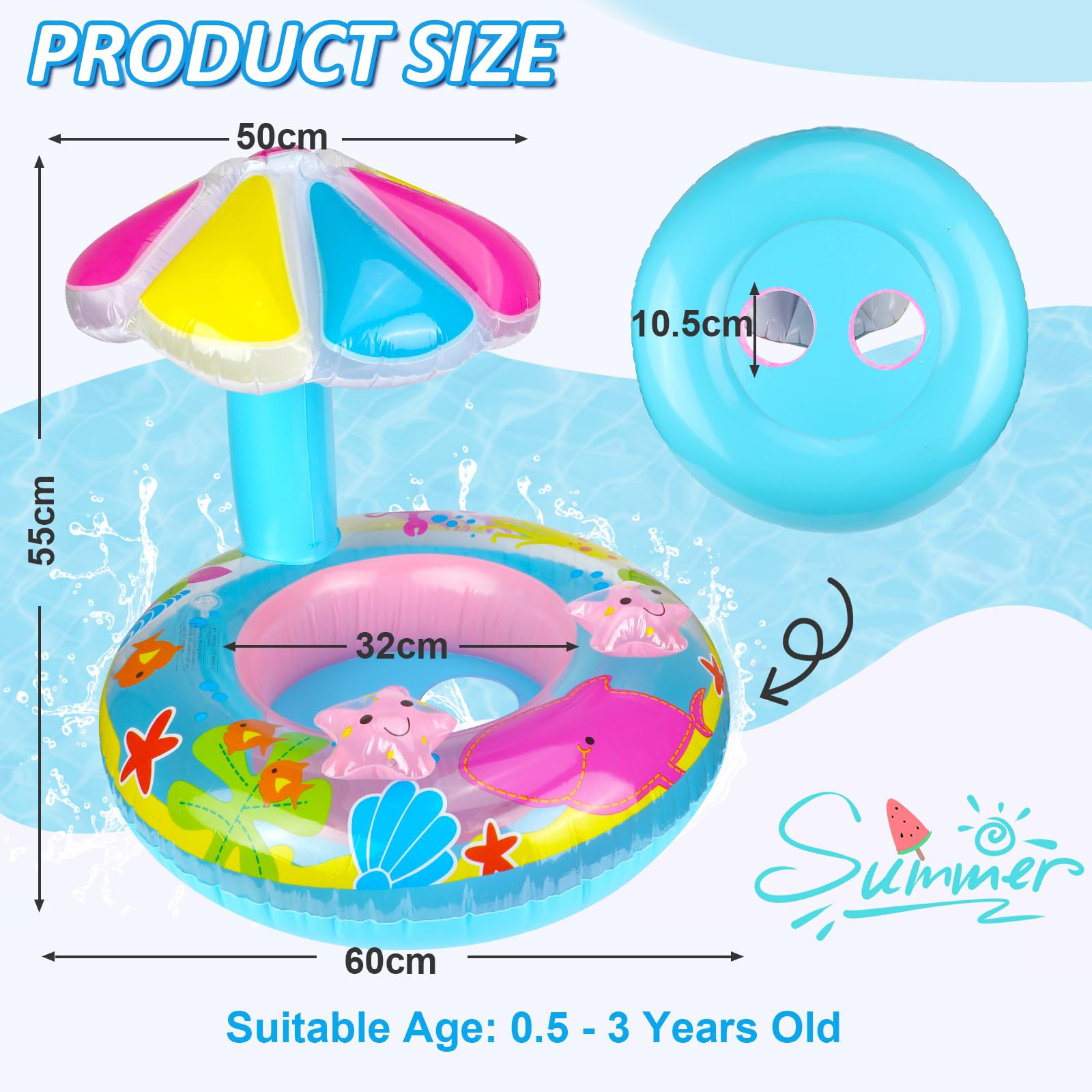 Blue Marine Animals Baby Swimming Ring, Inflatable Swimming Float PVC Safety Aid Seat Circle Swim Float Boat with Mushroom Sun Canopy Inflator for Age 6 Months to 3 Years Toddler Floating Training - Image 4