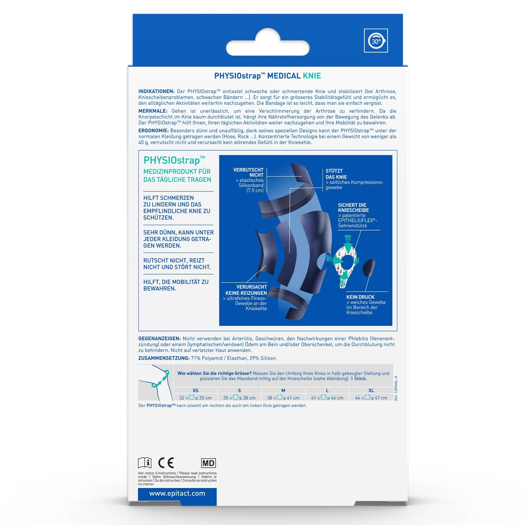 Epitact | Medizinische Kniebandage Physiostrap | Arthrose des Knies, Rotulan-Syndrom | Lindert und sichert empfindliche Knie | dünn, weich, ultrakomfortabel (M)