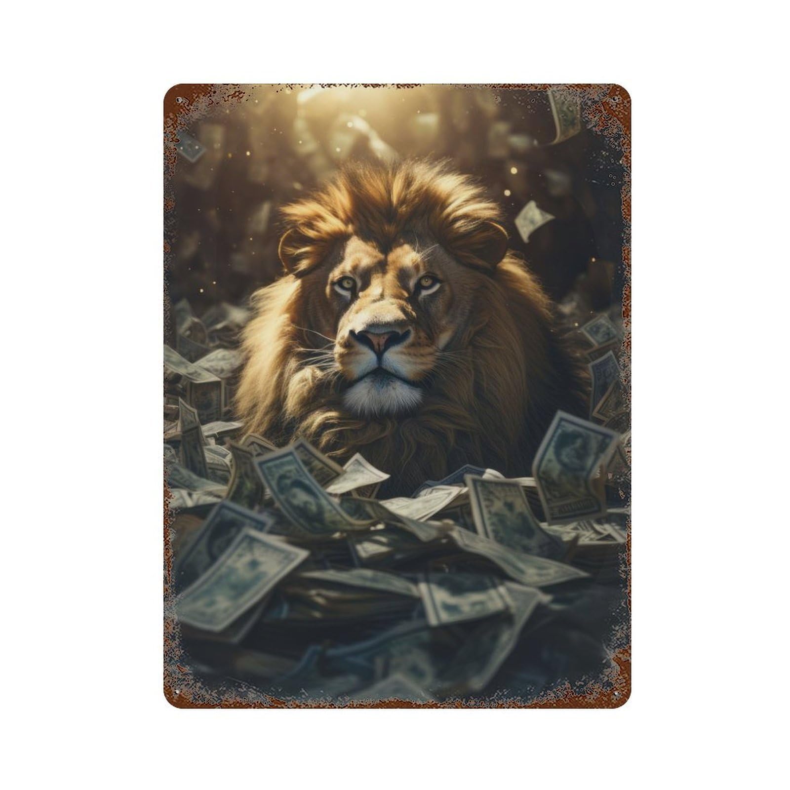 Money Lion Rich Dollars Rust Effect Tin Sign 15.7"x11.8", Novelty Wall Decor for Garage, Pub Or Kitchen