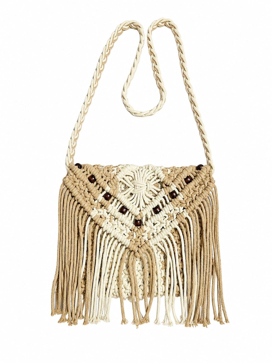 Handmade Bag Macrame Fringe Crossbody Bag with Braided Strap, Beige-picture-47