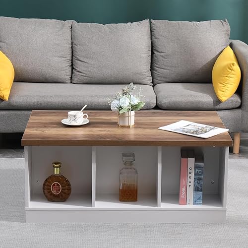 Miniatura 2 de 4HOMART - Mesa de centro de granja con almacenamiento y puertas corredizas de granero, mesa de sala de estar con estantes, mesa central rectangular,