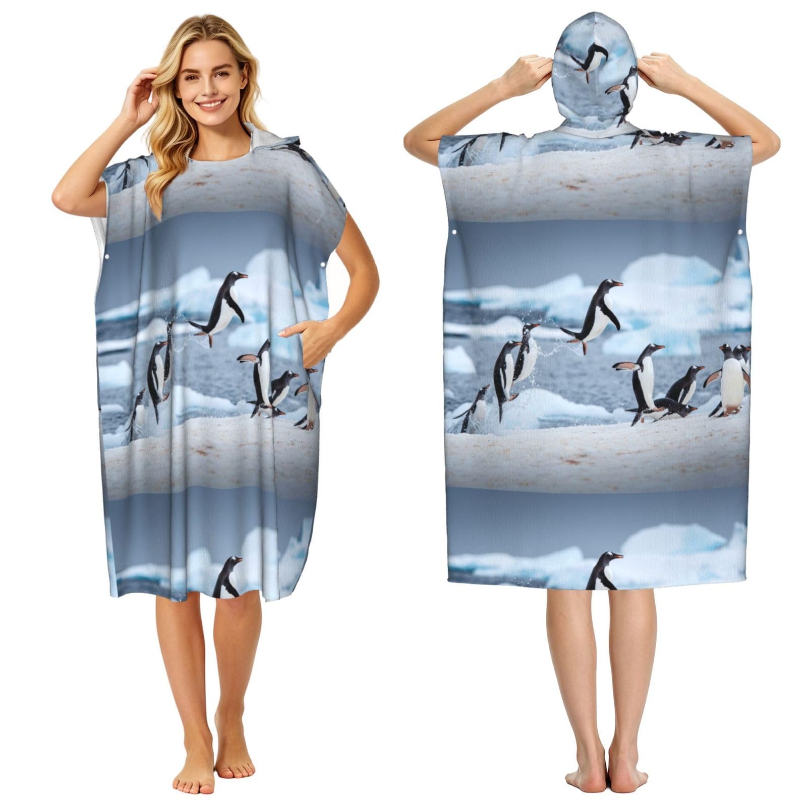 Poadnly Penguin, Adult Hooded Beach Towel 90 x 110 cm,Changing Bath Robe, Surf Poncho Towel For Women Men