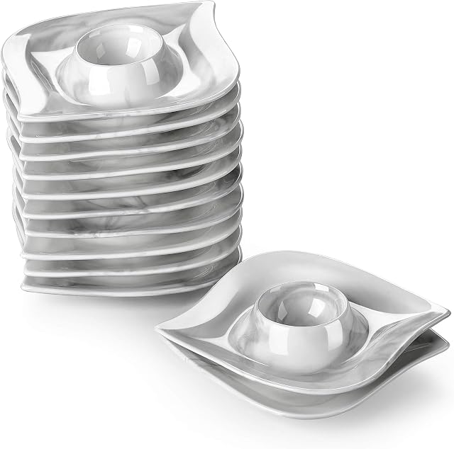 MALACASA seria Elvira 12-częściowy zestaw podstawek do jajek, porcelana z marmurowym wzorem, 11 x 11 x 2,5 cm