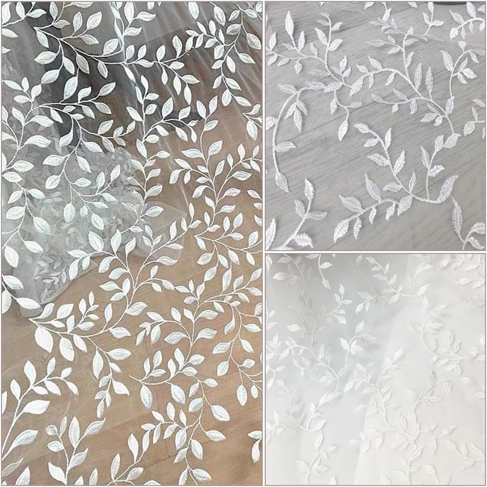 MAYJOYDIY 2 Yards×64.6 Inch Vintage Branch Leaves Mesh Lace Fabric Wide Light Ivory Embroidery Tulle French Sewing Lace Trim Fabrics for DIY Crafts Wedding Party Dresses Curtains Home Decoration