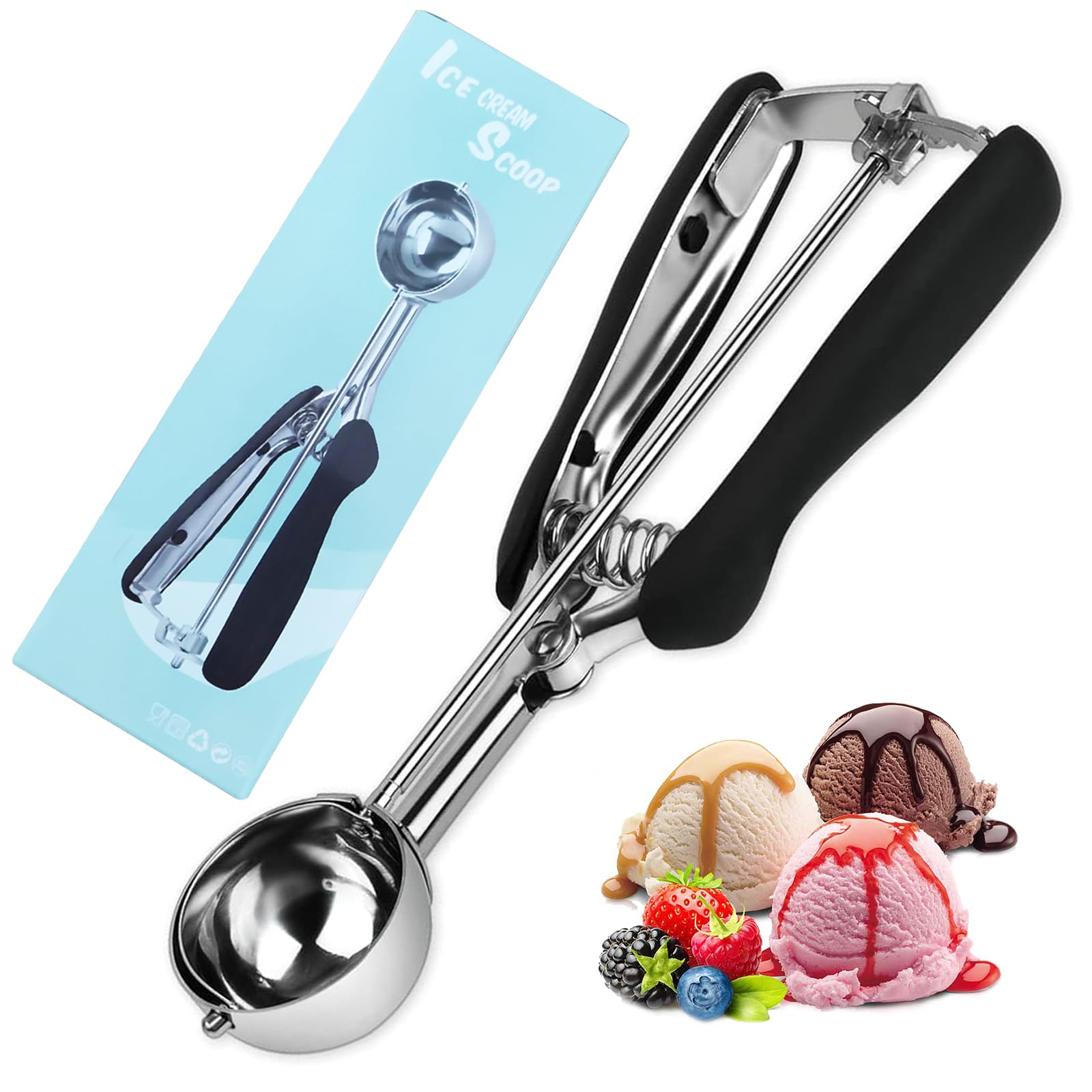 Cuchara de Helado, 4cm Cucharón de Helado con Gatillo, Negra Sacabolas, Pbolas de Acero Inoxidable, para Masa de Galletas, Sorbete, Almendra Apto para Lavavajillas