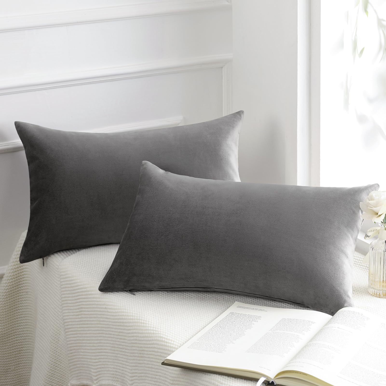 Phantoscope Pack of 2 Velvet Decorative Throw Decorative Pillow Cover Soft Solid Square Cushion Case for Couch Dark Grey 12 x 20 inches 30 x 50 cm