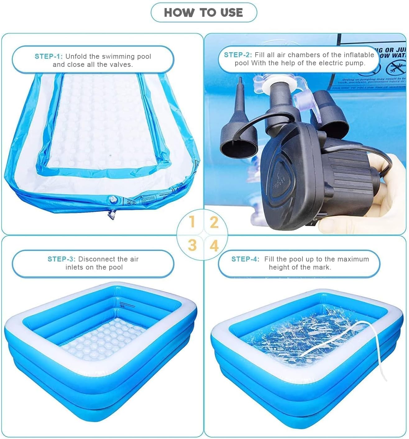 10 Feet Rectangular Inflatable Pool Full-Sized Swimming with Family Bathtub for Kids Adults Outdoor Backyard Garden Summer Party Blue, Pump120x 72"x24" Inch - (Multi) (Swimming Bath Tub)