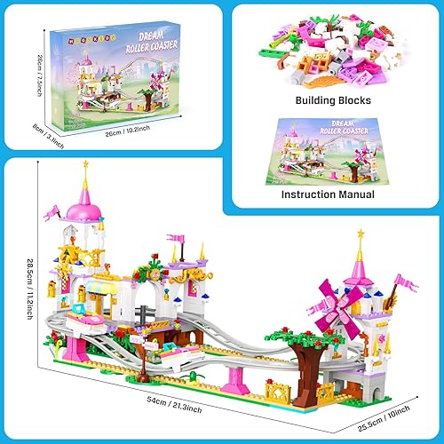 Miniatura 8 de HOGOKIDS Juego de construcción de montaña rusa para niñas, 711 piezas de bloques de construcción de parque rosa con amigos del carnaval, montaña