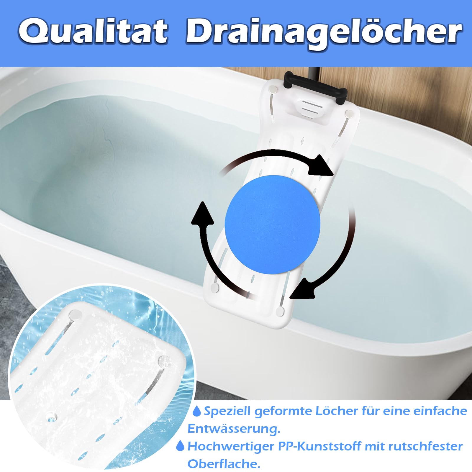 LZQ Badewannenbrett Badewannensitz Senioren mit 360º Drehscheibe, Schwarz Griff und Seifenablage, Einstellbar Wannensitz Sitzbrett für Badewanne für Erwachsene Tragkraft 150kg