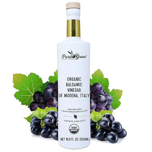 Pura Grove Vinagre balsámico orgánico de Módena Italia  Envejecimiento lento Premium Eternity Gold Grade  Seleccionado a mano y fabricado en
