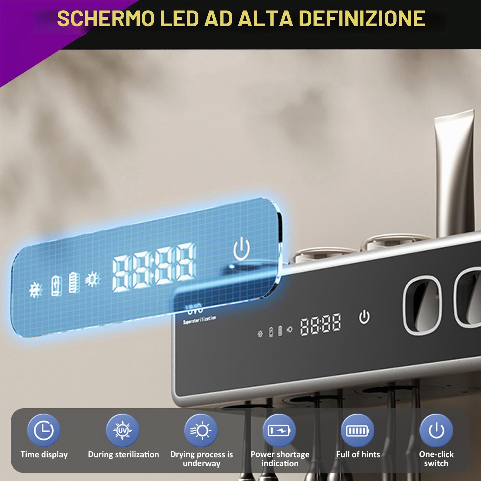 Portaspazzolino intelligente con sterilizzazione UV, dispenser automatico di dentifricio con funzione di asciugatura, nero