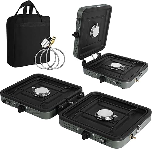 Estufa de campamento de propano de 2 quemadores con parrilla y bolsa de transporte, estufa de campamento plegable portátil con quemadores ajustables