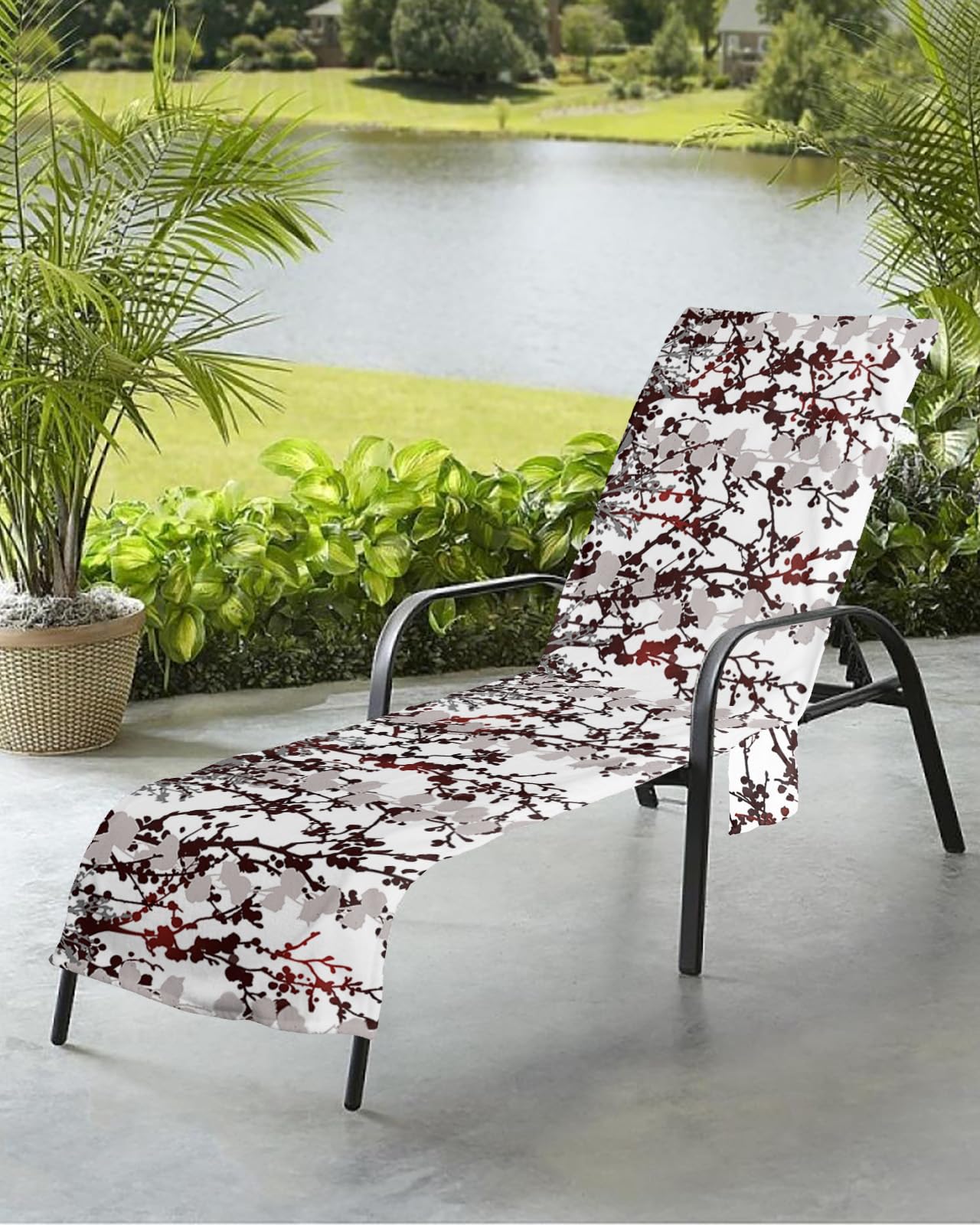 Beach Pool Patio Lounge Chaise Chair Cover Towel With Pockets, Ombre Branches Absorbent & Quick Dry Microfiber Towel Cover Bag Summer Travel Accessories for Sunbathing Retro Autumn Leaves Plant Flower