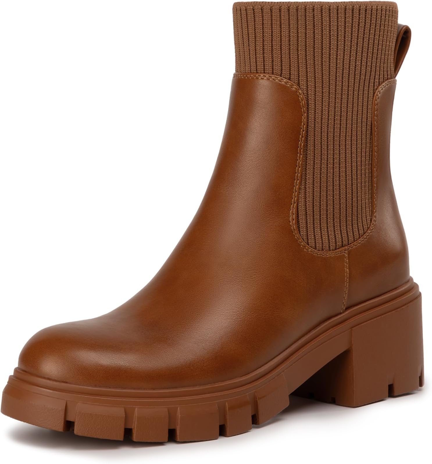 Athlefit Women's Chelsea Boots Fashion Slip on Platform Ankle Boots Lug Sole Chunky Booties