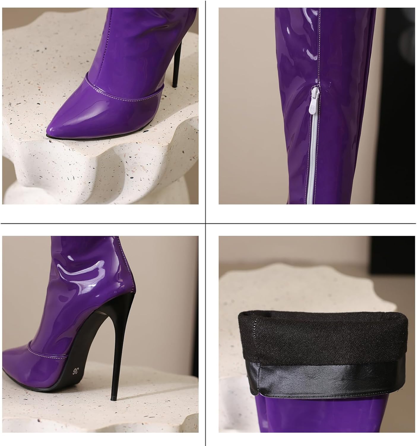 Women's Over The Knee High Boots Stiletto High Heel Tall Boots Pointed Toe Side Zipper Patent Leather Long Boots Fashion Dress Shoes